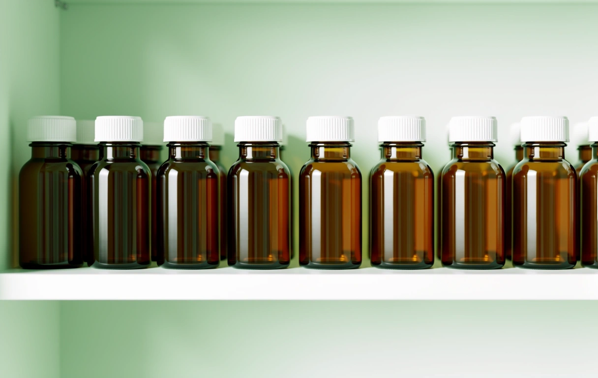 Suplementy diety w szklanych opakowaniach
